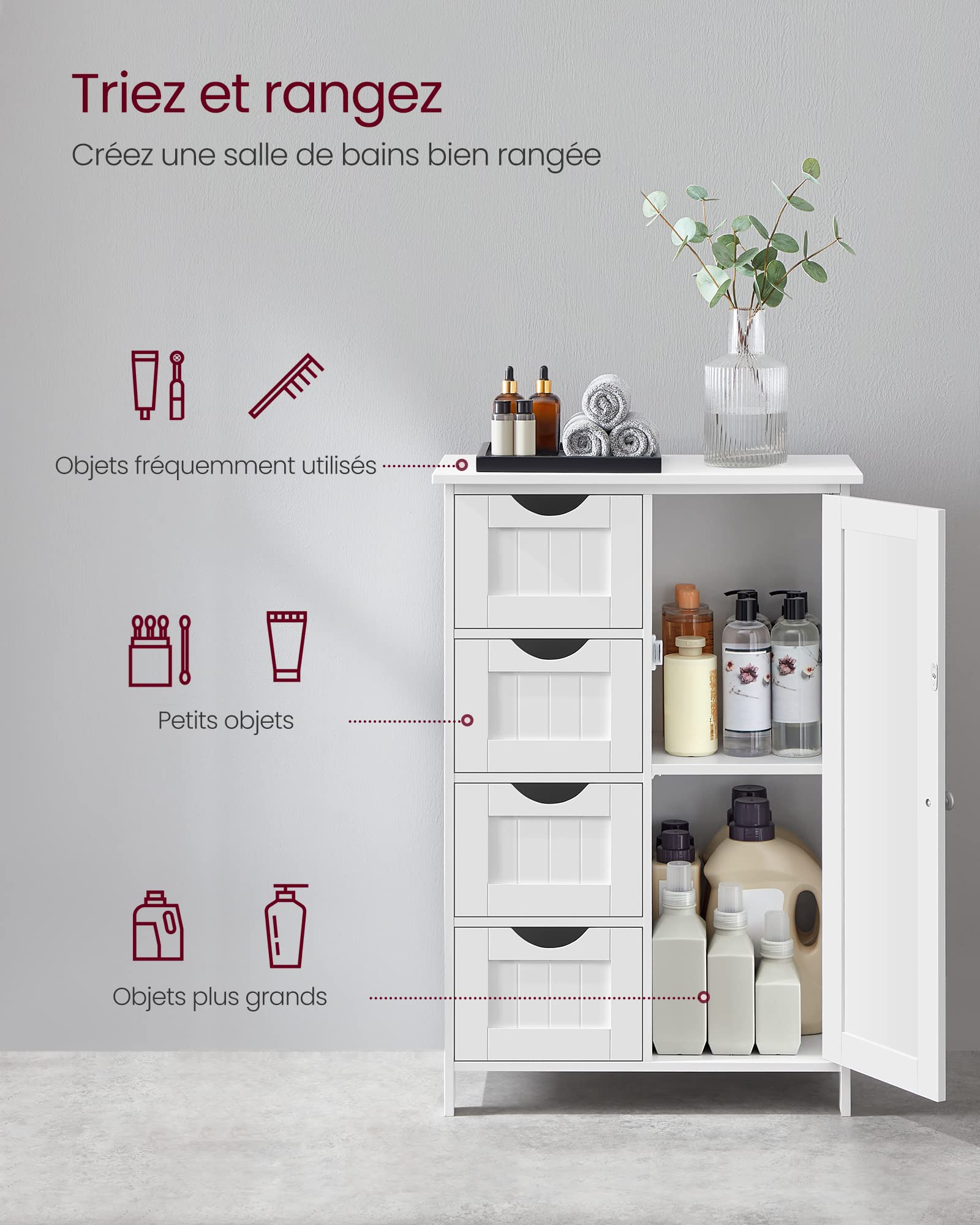 VASAGLE Meuble Salle de Bain Rangement, Commode, avec 4 Tiroirs