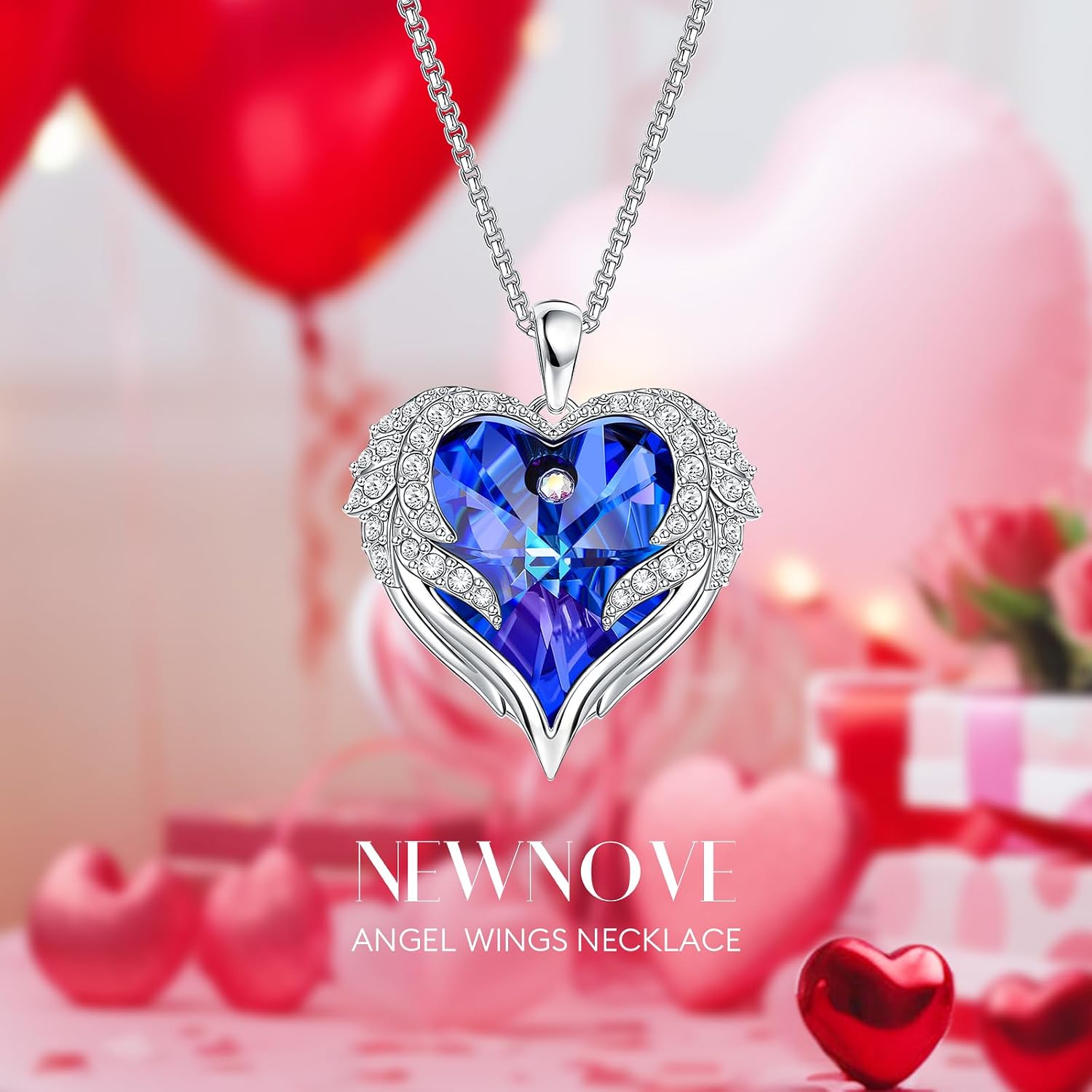 WILDLOVE Preserved Blue Rose with Angle Wings Necklace, Gifts for Women