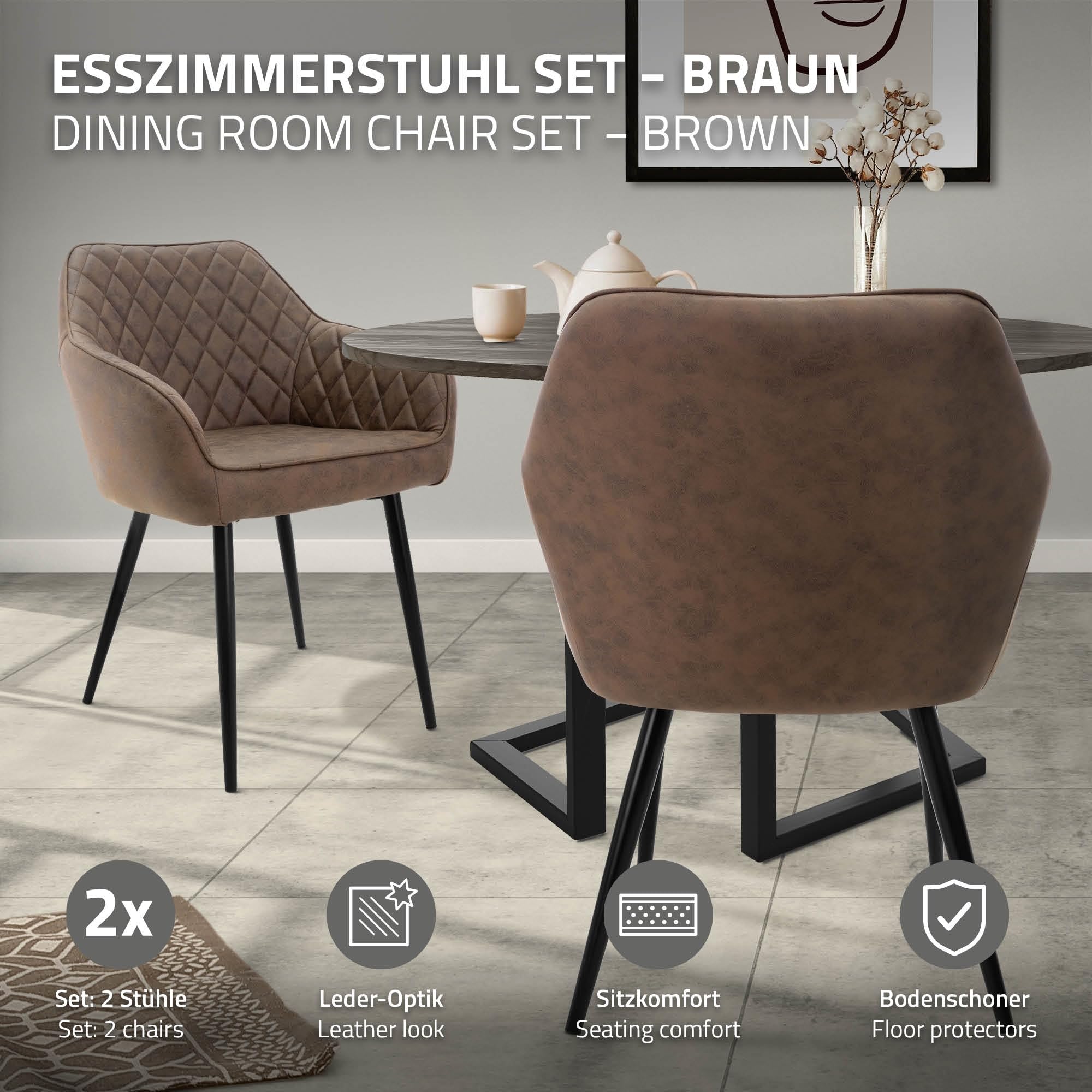 ML-Design Lot de 2 Chaises de Salle à Manger, avec Dossier et Accoudoirs, Marron, Assise en Matériau Synthétique Rembourrée, Pieds en Métal, Chaise de Cuisine Salon Bureau, Matériel de Montage Inclus