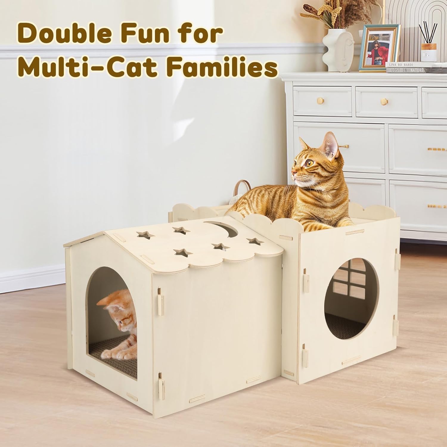 Wooden Cat Scratcher House,Cat House with Scratch Cardboard Pad,2 Tier Sturdy Kittens Bed House Indoor with Air Vents for Small to Large Sized Cats and Rabbits Use