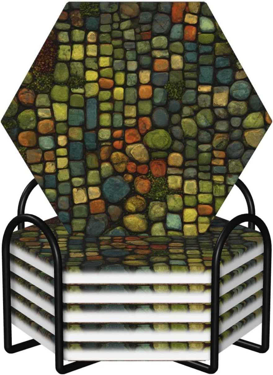 (cobbleston) Ceramic Coasters Set of 6 with Holder Non-Slip Hexagon Coffee Coasters for for Cup Mug Drink Patio Coffee Table Decor, Christmas Coasters Home Bar Supplies