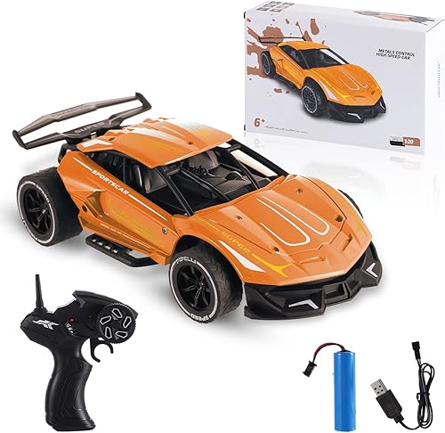 Miniatura 1 de FUFitrota Auto de control remoto para niños auto de carreras deportivo eléctrico a escala 124 carcasa de metal anticolisión y caída naranja