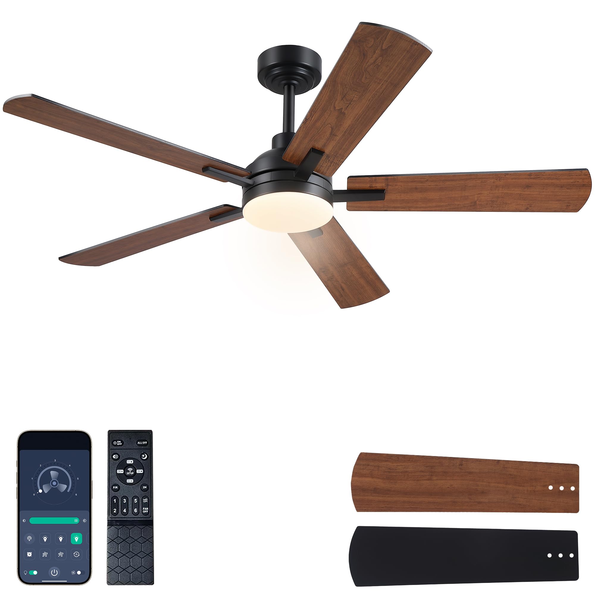 Ceiling Fan with Light,52"Low Profile Modern Flush Mount Ceiling Fan Brown