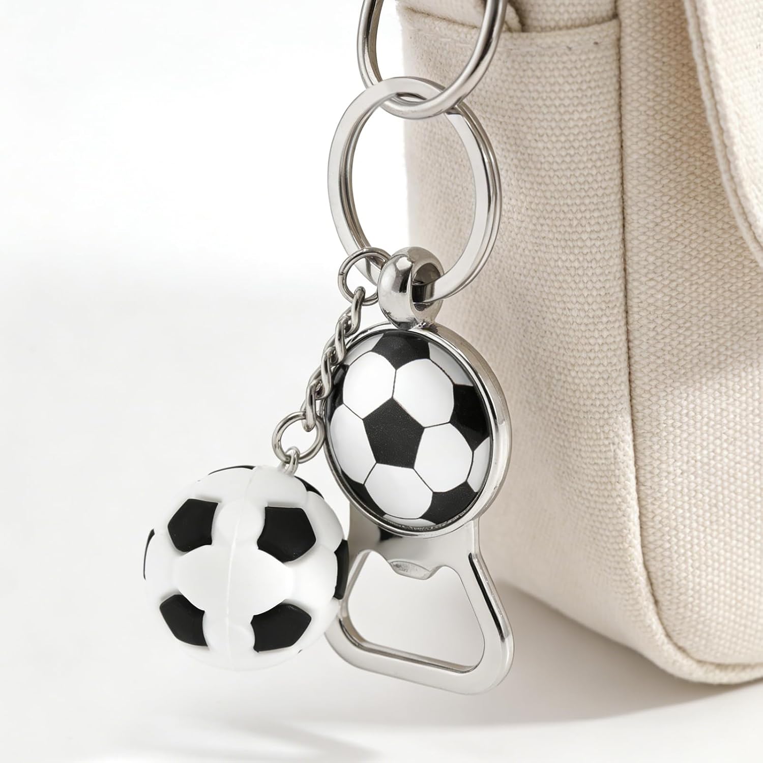 Soccer Ball Keychain Bottle Opener, Metal Football Keychain with Mini Ball Charm, Sports Gift for Men Boys, Silver Key Ring for Soccer Fans