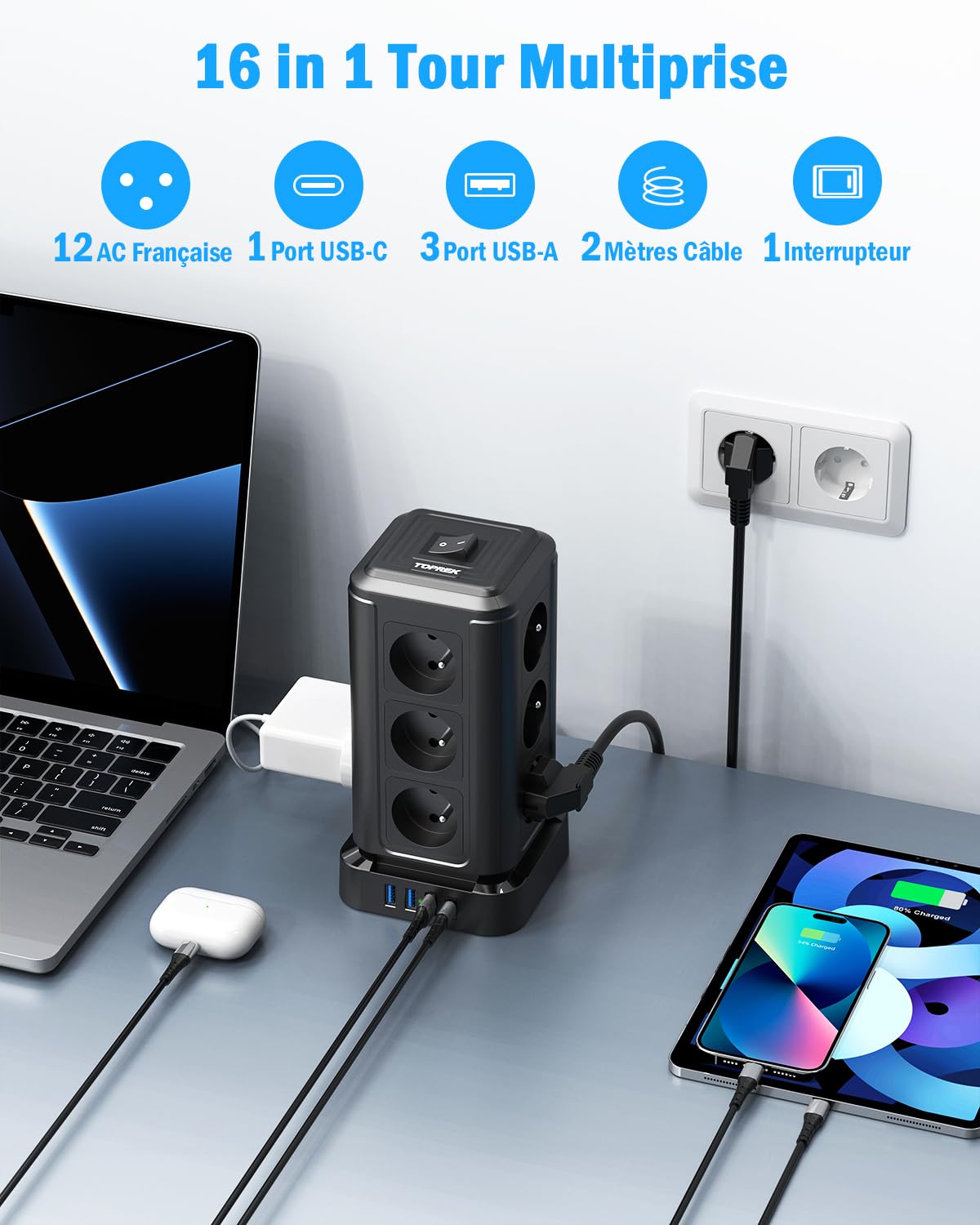 TOPREK Steckdosenleiste mit 12 französischen AC-Steckdosen und 1 USB C (20 W PD3.0) und 3 USB A und 1 Schalter und 2 m Verlängerungskabel, 4000 W/16 A