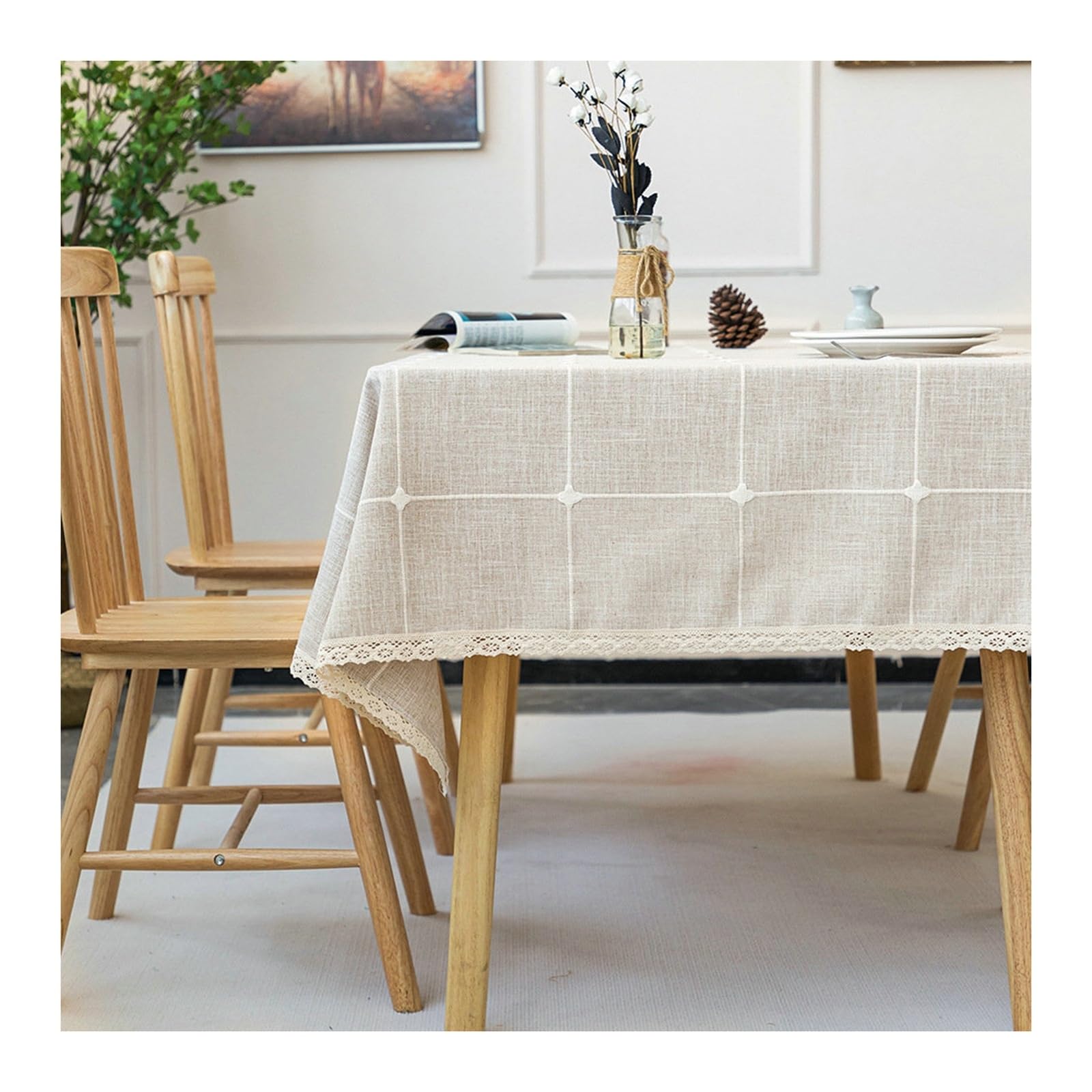 Nappe en coton lin haut de gamme marron à carreaux et dentelle pour décoration raffinée