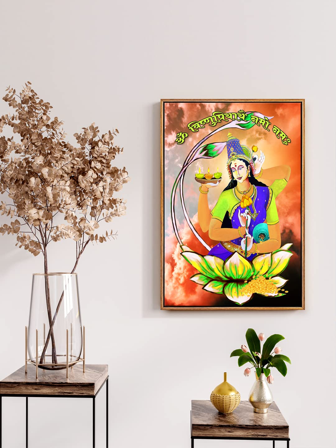 999Store om vishnu priyaye namo namah with lakshmi mata art canvas painting (Canvas_Golden Frame_16X24 Inches) BoxF1624046