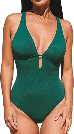 CUPSHE Women's One Piece Swimsuit Deep V Bathing Suit with Ring Back and Adjustable Straps
