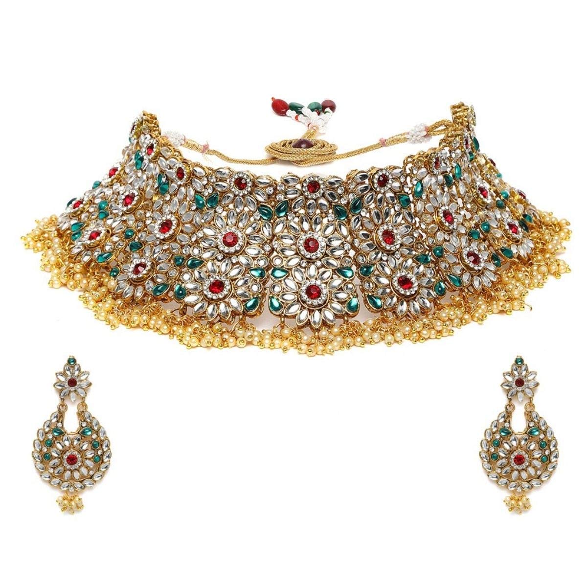 ACCESSHER Gold Plated Traditional Multicolour Stones and Kundan Studded Statement Heavy Bridal Choker Necklace Set with Dangle Earrings for Women (B08WC86FQZ) Amazon Price History, Amazon Price Tracker