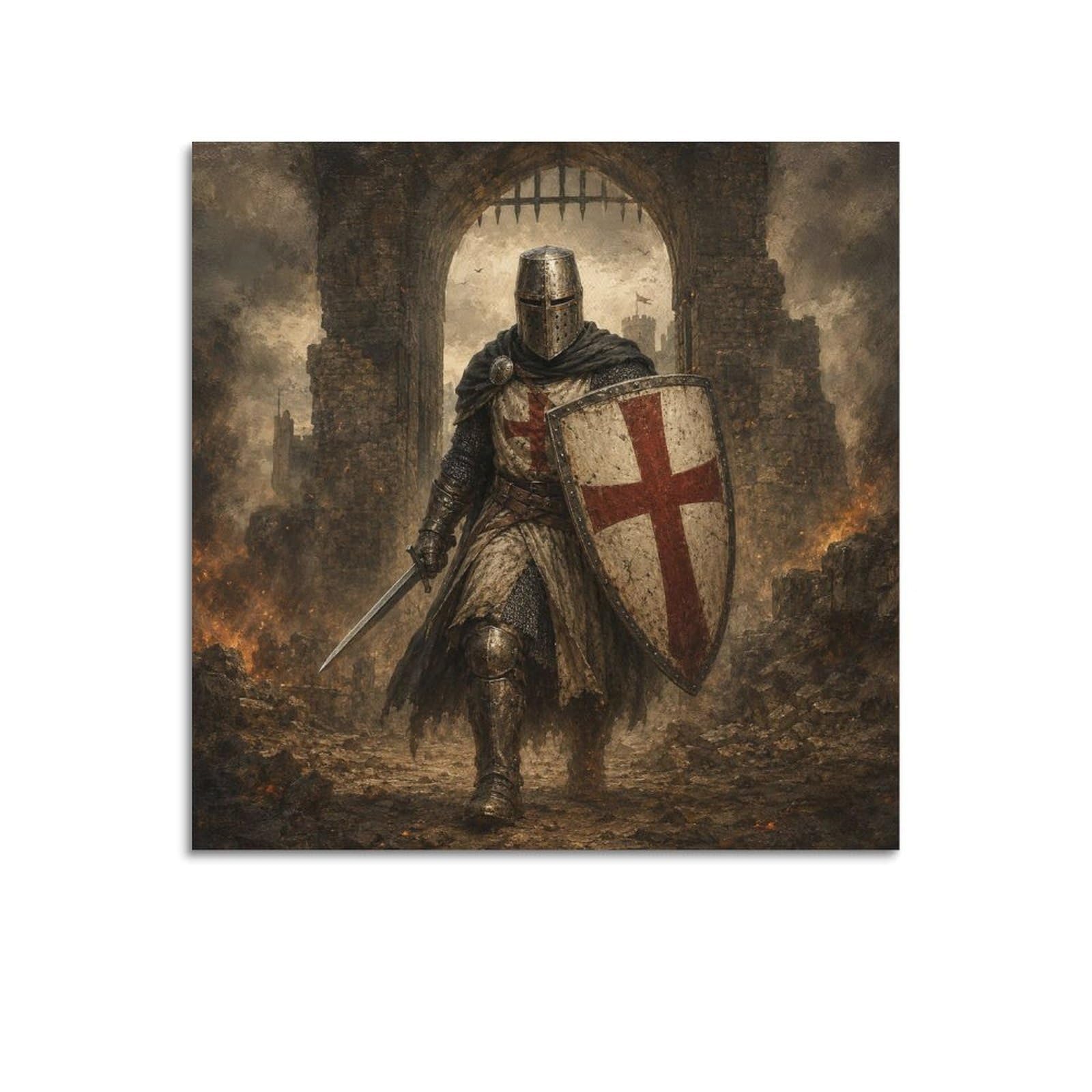 XKUGA Medieval Armor Templar Knight Poster Fortress Gate Shield Modern Decorative Canvas Prints - Ideal Wall Art for Family, Man Cave, Game Room, Boys & Girls Bedroom 16x16inch(40x40cm)