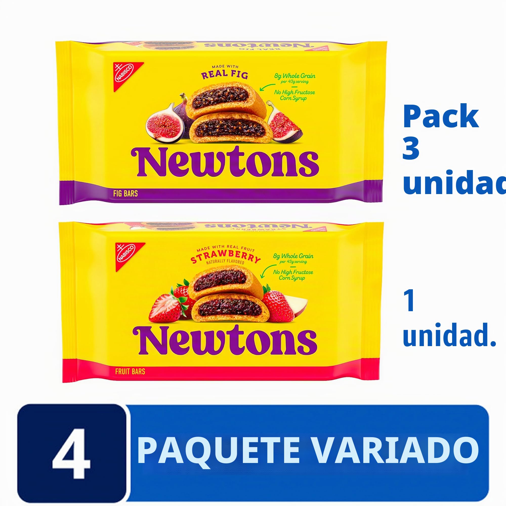 Newtons - Paquete variado de galletas suaves y masticables, galletas de higo, fresa y bayas triples 100% de trigo integral, paquete de 4