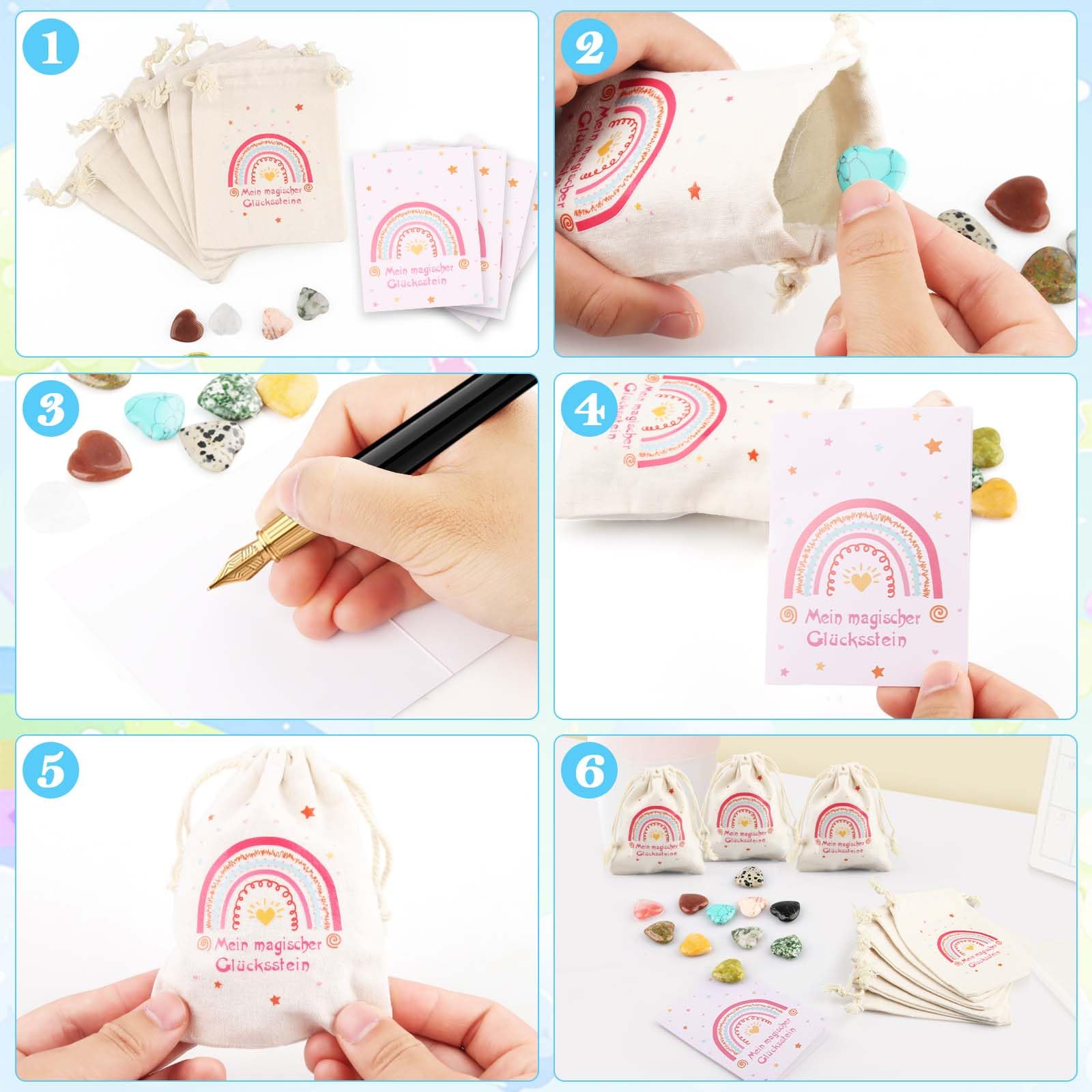 12er Glückssteine für Kinder, Kindergeburtstag Mitgebsel mit Edelsteine Jutesäckchen und Magische Steine Kärtchen, Give Away für Taufe Kommunion Hochzeit oder Wichtelgeschenk, Glücksbringer Kinder (C)