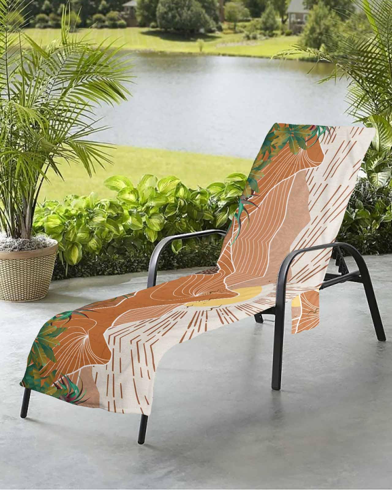Geometric Mountain Beach Chair Towel Covers for Chaise Lounge with Side Pocket, Soft Plush Pool Towels Cover for Patio Sunbathing Outdoor 29''x85'' Bohemia Tropical Leaves Middle Century