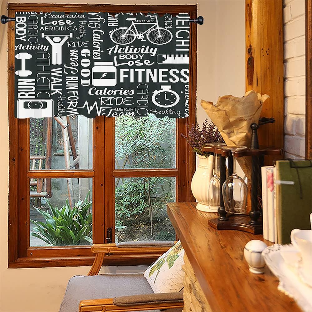 Small Window Curtains, Fitness Love Wide Pocket Curtain Valances, Healthy Life Aerobic Exercise Art Prints, 60" W x 18" L, for Living Room, Bedroom, Kitchen, Bathroom, Black and White