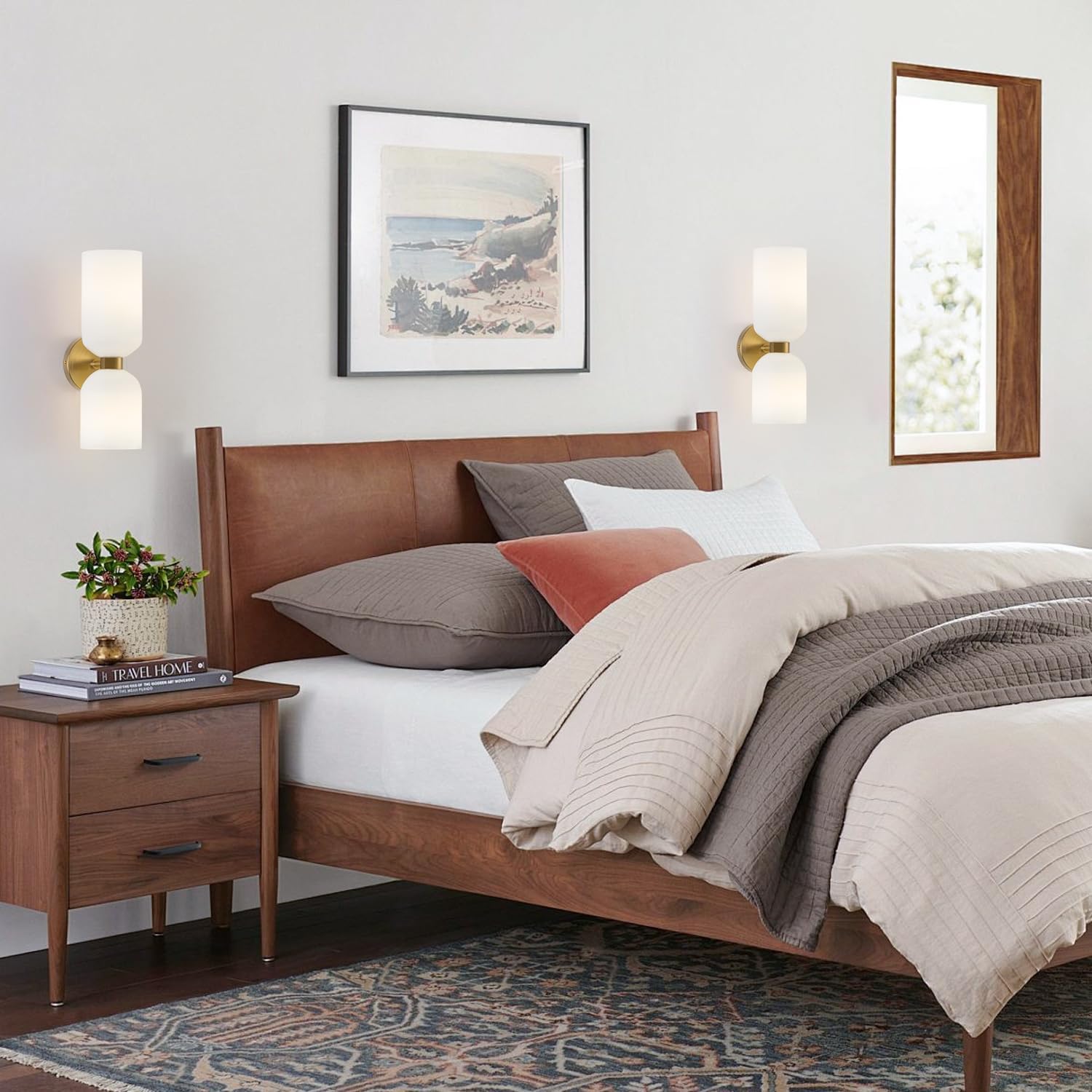 Modern Glass Wall Sconces- Double Head Wall Lighting with Long Short Glass Shades- Bathroom Vanity Light Mid-Century Up Down Hardwired Wall Lamp Indoor for Bedroom Hallway Living (Gold-White)