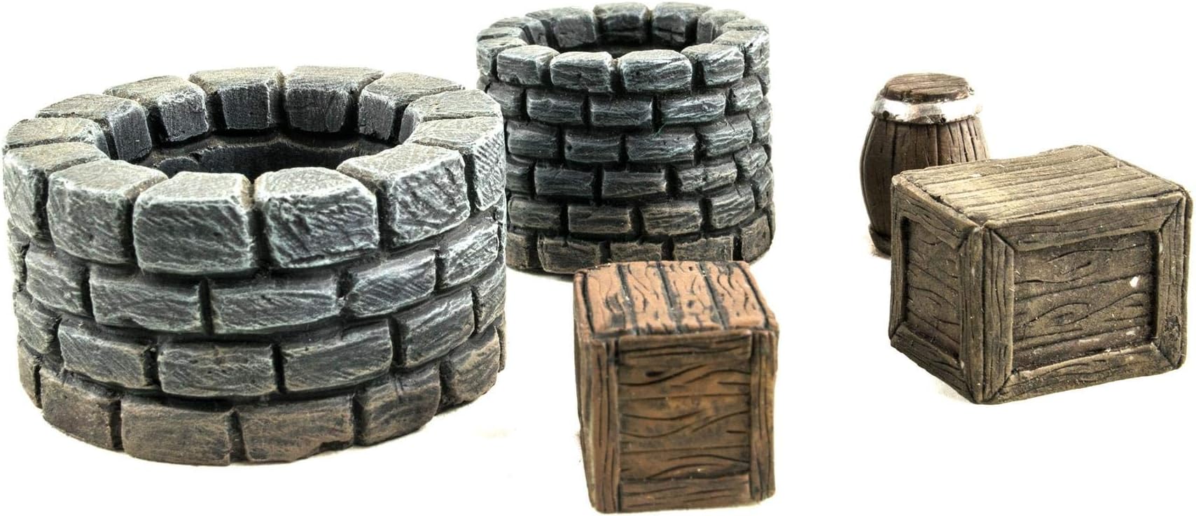 Fantasy Village Set of Wells, Crates & Barrels - 28mm Resin Unpainted Wargaming Terrain