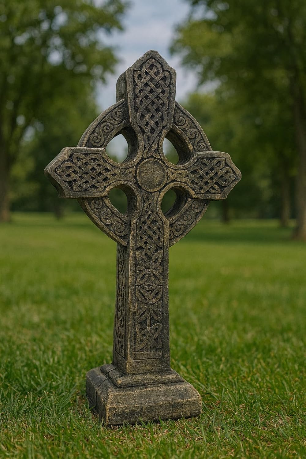 Solid Rock Stoneworks Celtic Cross Garden Statue – 16" Tall Solid Stone Look Sculpture – Outdoor Irish Cross Decor – Weather-Resistant Yard or Memorial Display- Autumm Brown Stain Color