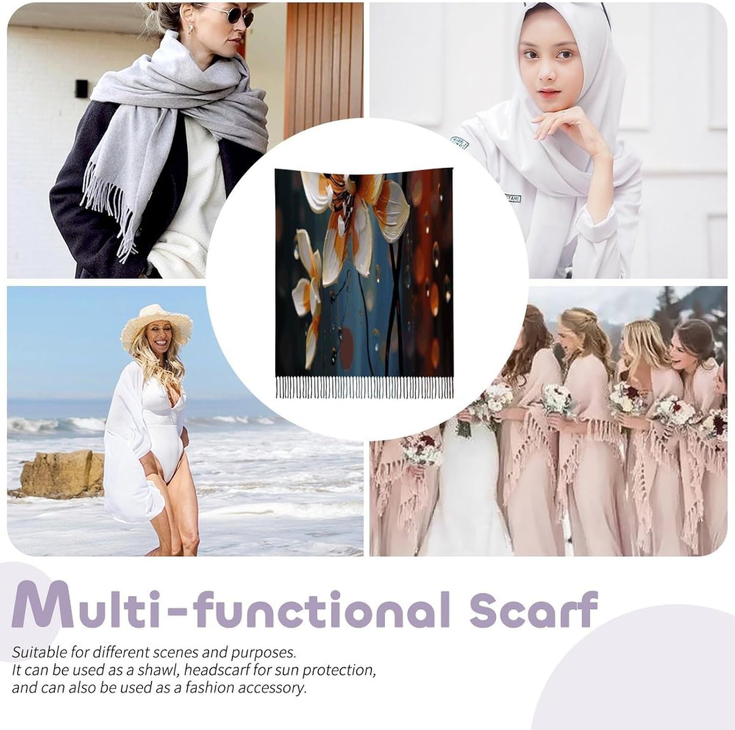 Modern Flower Winter Scarf for Women Soft Tassel Scarves Oversized Wraps Long Shawl Cold Weather Thick Blanket Scarfs