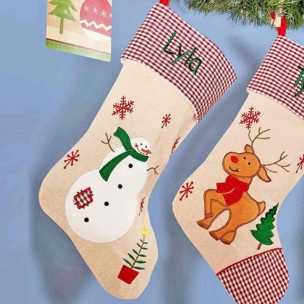 DIBSIESPersonalization Station Personalized Festive Plaid Burlap Christmas Stocking (Snowman)