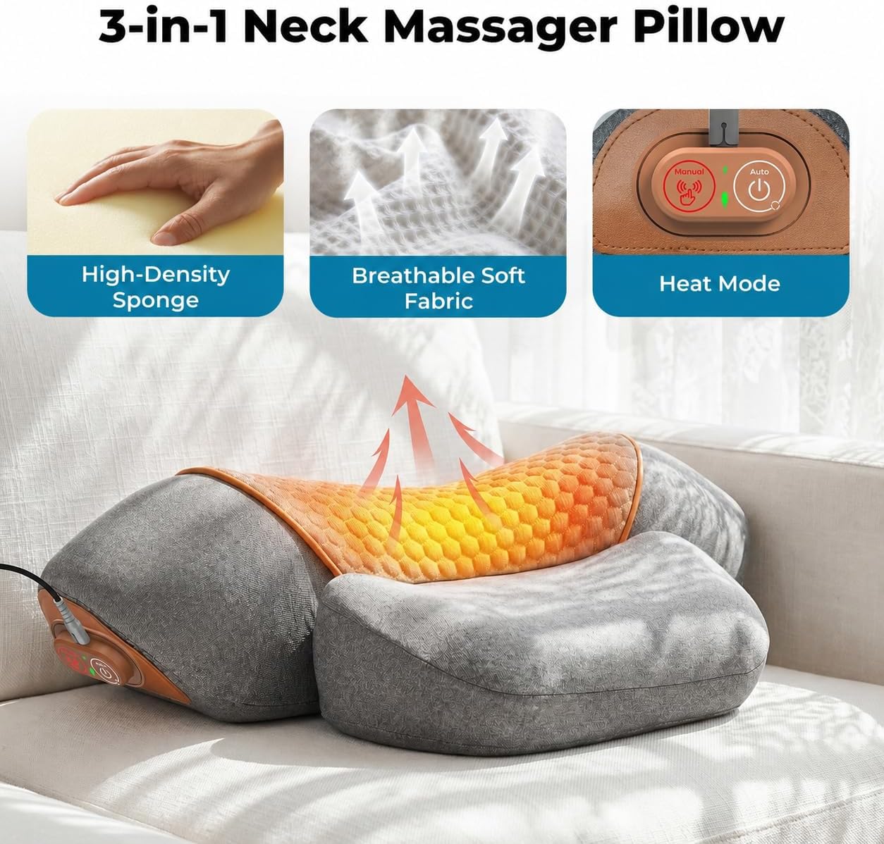 Condition photo showing New/Like New for freebody 3-in-1 neck massager pillow with heat & massage, ergonomic neck support pillow with stretching support for home & office use, grey