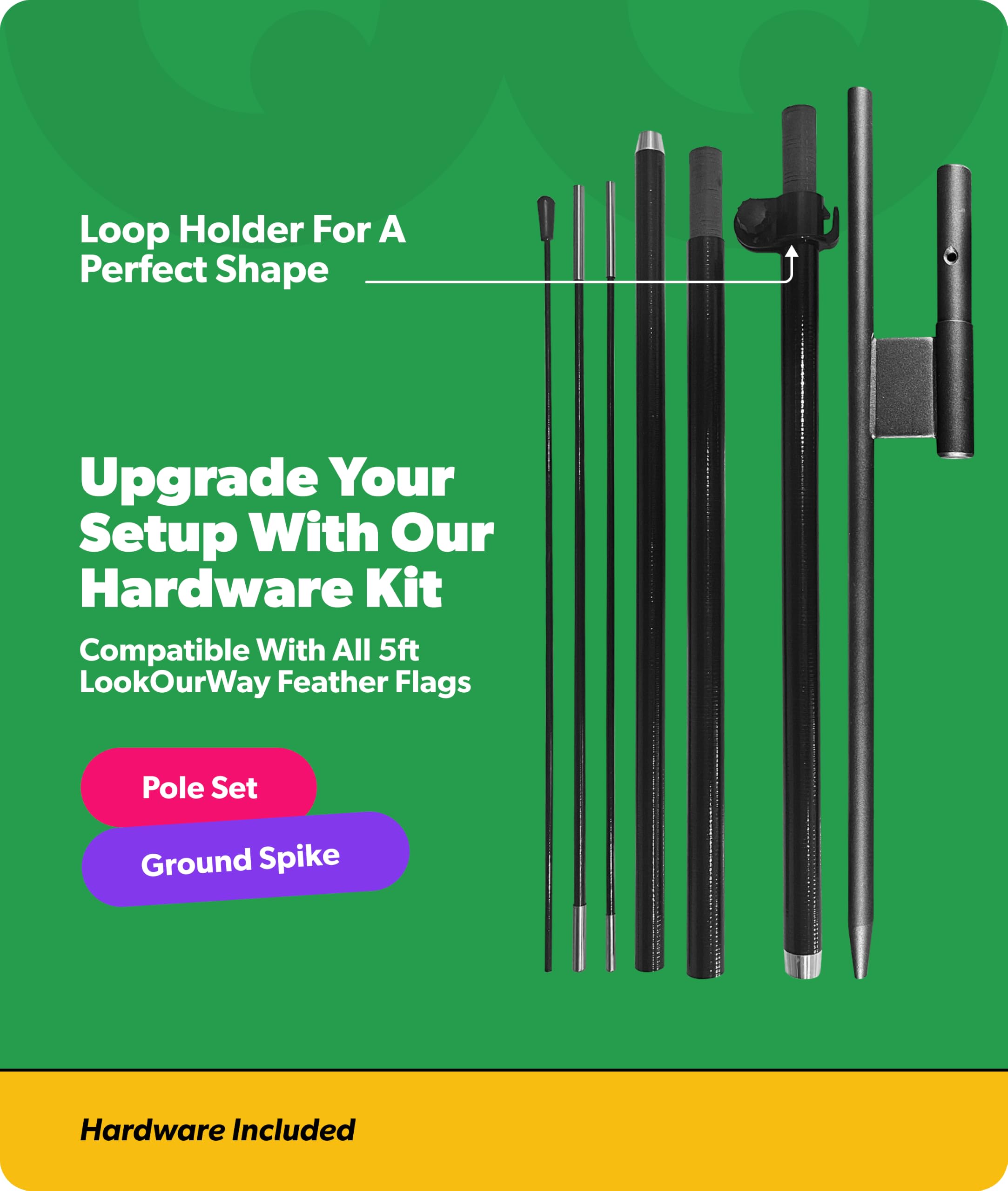 LookOurWay 152 cm große Federflagge mit großer Eröffnung für geschäftliche Werbung, 3er-Pack: Enthält 3 Bannerflaggen, 3 Aluminium-Fiberglas-Stangen-Sets und 3 Erdspieße (jetzt offen, rot/gelb)