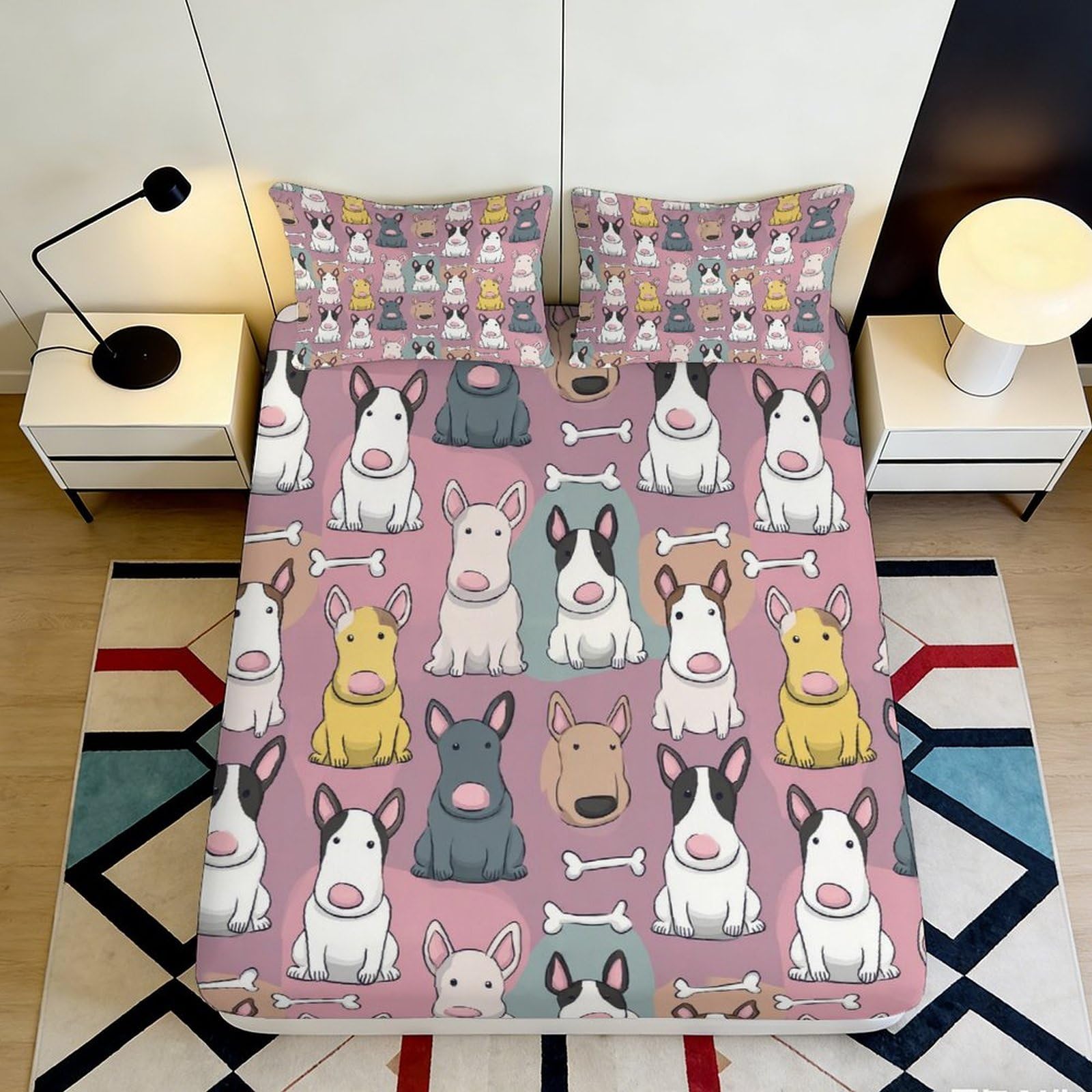 3D Printed Cartoon Bull Terrier Dogs Fitted Sheet Microfiber Pink Bed Cover Anti-Slip Machine Washable Bedroom Decor 200x200x25cm