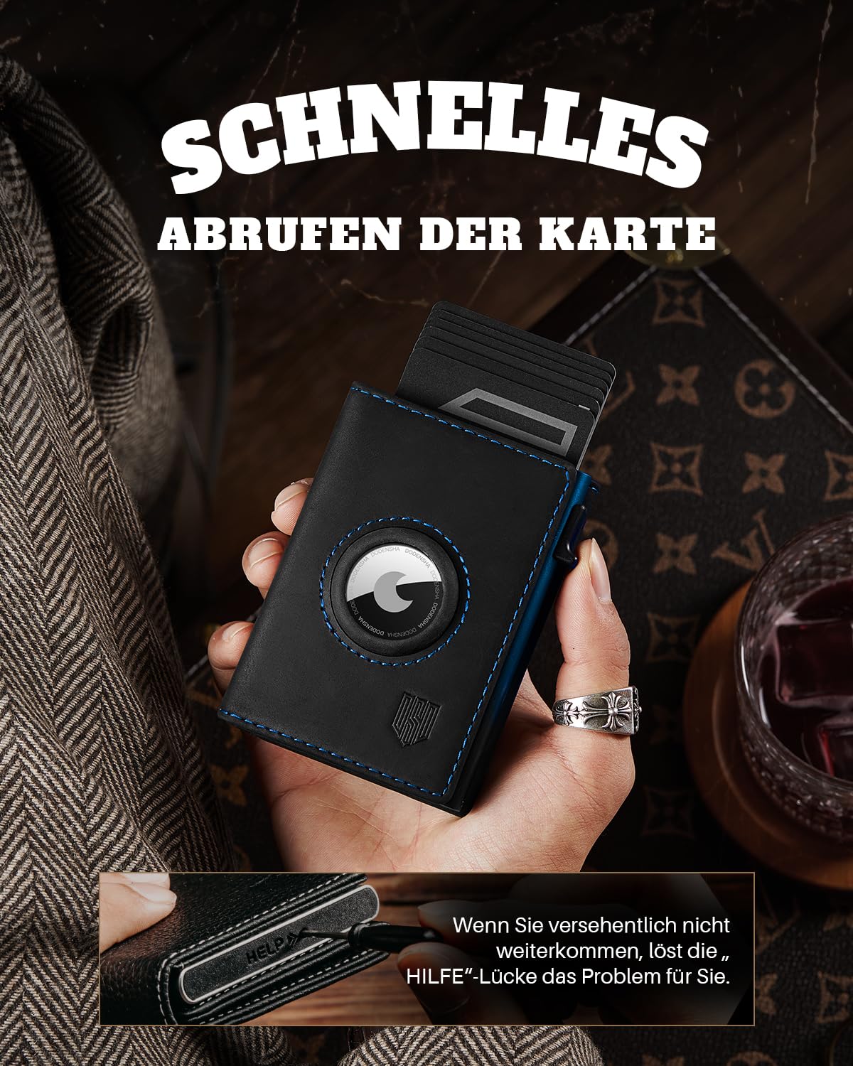DODENSHA® MagSnap Airtag Wallet Herren: Smart Wallet für 10+ Karten, Wallet mit Münzfach, Geldbeutel mit AirTag* Fach, Geldbörse Herren mit RFID Schutz, Schwarz Blau