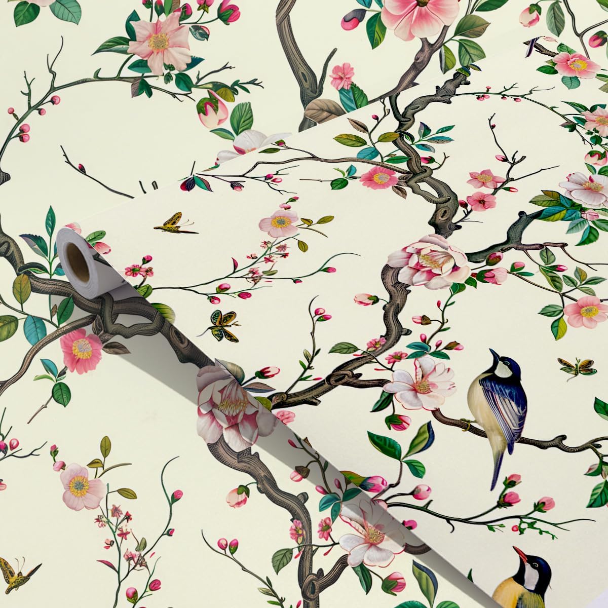 Pink Floral Birds Shelf Liner Contact Paper Peel and Stick Vintage Floral Wallpaper for Walls Cabinets Table Decal 17.7X117 Inches