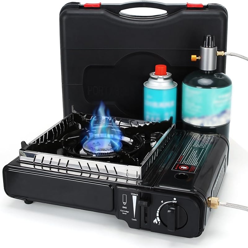 Dual Fuel Camping Stove,Portable Butane or Propane Single Burner Camp Stove | Upgraded Propane Adapter with 3.3 Ft Hose,Removable Windguard,Carrying Case,Single Burner for Home Outdoor Emergency