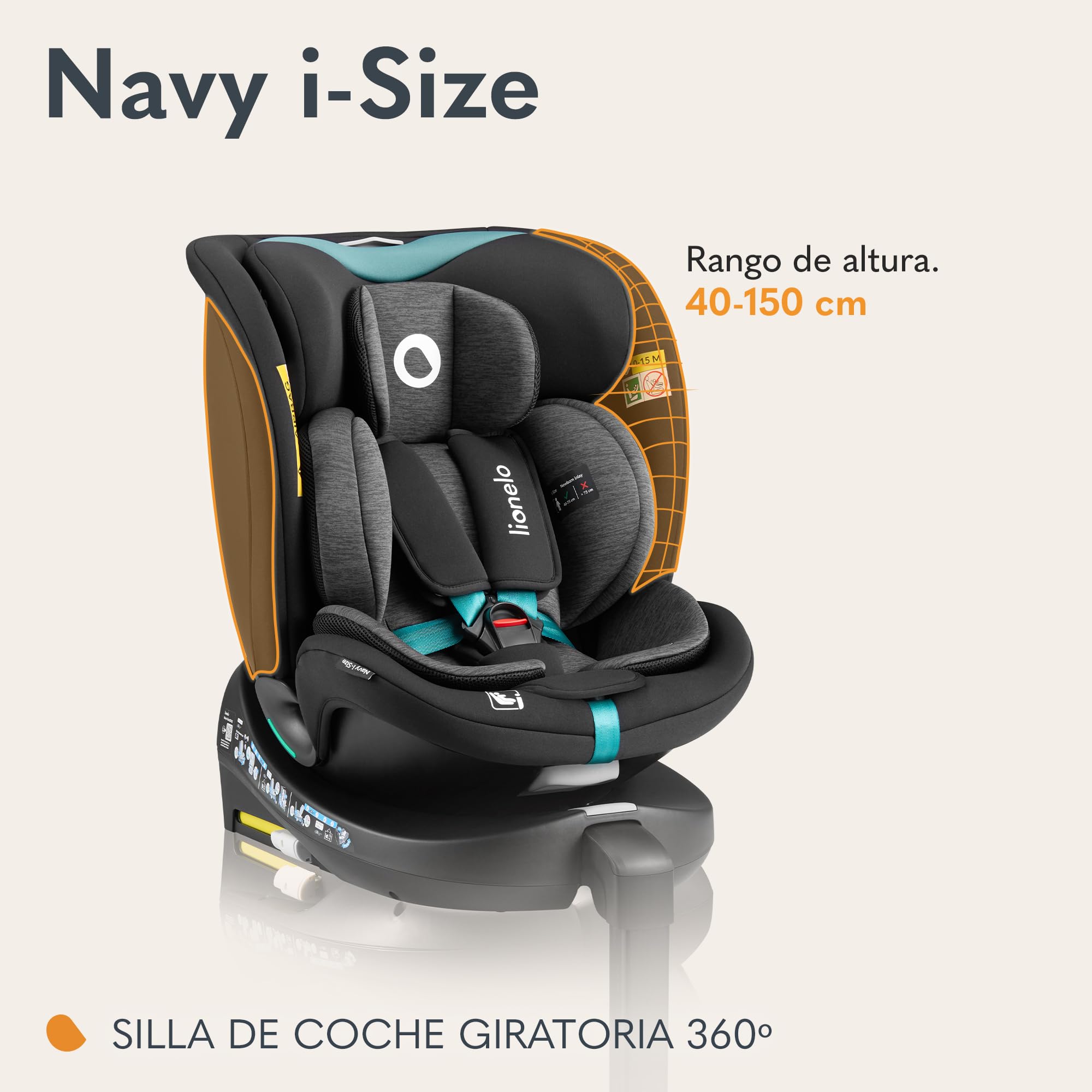 LIONELO NAVY i-Size Silla Coche Bebé Giratoria 360O Para Niños de 40-150 cm Grupo 0+1 2 3 Montaje delantero y trasero ISOFIX Pata de estabilización Reposacabezas y Dri-Seat (Turquoise)