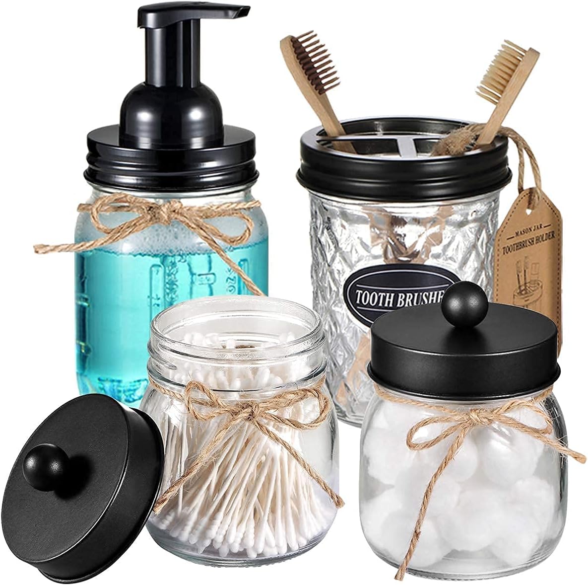 4PCS & 2PCS Black Mason Jar Bathroom Accessories Set- 3pcs Foaming Soap Dispenser&2pcs Qtip Holder Set&Toothbrush Holder-Rustic Farmhouse Decor Bathroom Organizer