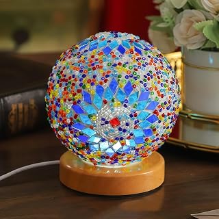Solis Convene Tiffany Style Turkish Table Lamp with Wooden Base - Handmade Blue Mosaic Glass USB Bedside Lamp, Bohemian Decor for Bedroom Living Room