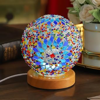 Tiffany Style Table Lamp, Turkish Table Lamp with Wooden Base, Handmade Colorful Mosaic Glass Lamps, Vintage Moroccan USB Bedside Lamps, Desk Lamp for Living Room,Bedroom,Bohemian DecorBlue, 5.5