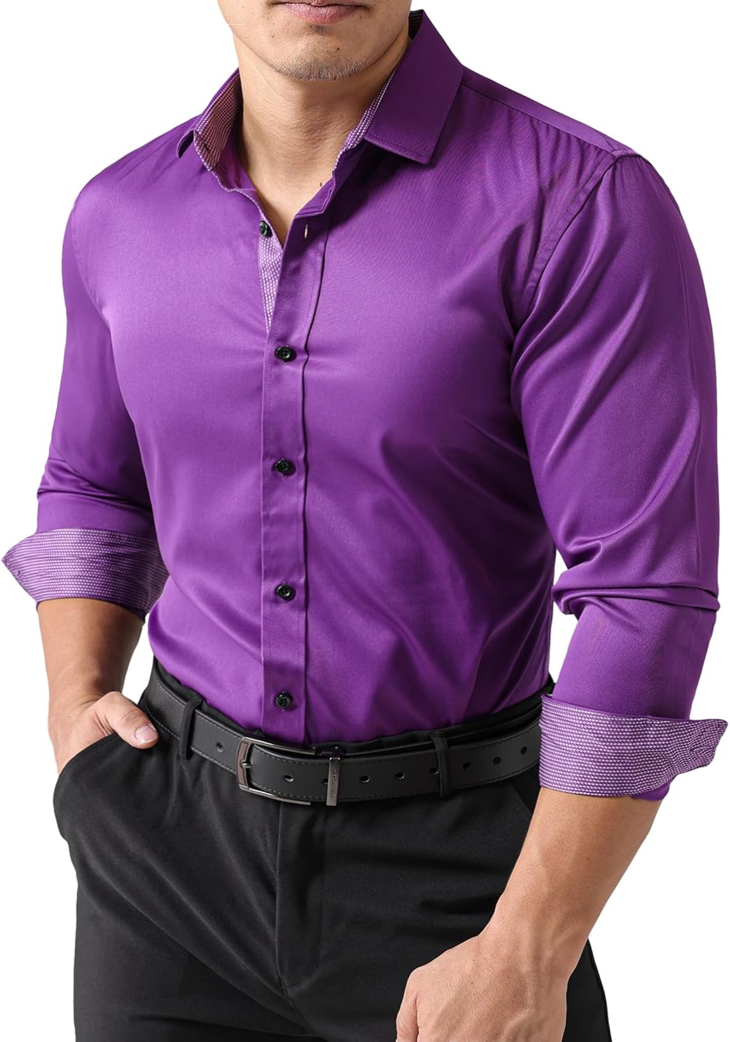 JOGAL Men's Dress Shirts Regular Fit Long Sleeve Stretch Business Wedding Button Down Shirts - Image 2