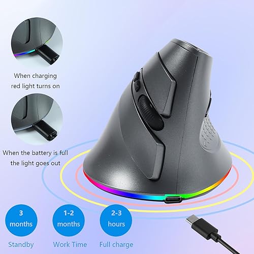 Vista 11 de Ratón inalámbrico, mouse ergonómico vertical 2.4G Bluetooth modo dual 3 DPI recargable conecta múltiples dispositivos, mouse vertical 6 botones