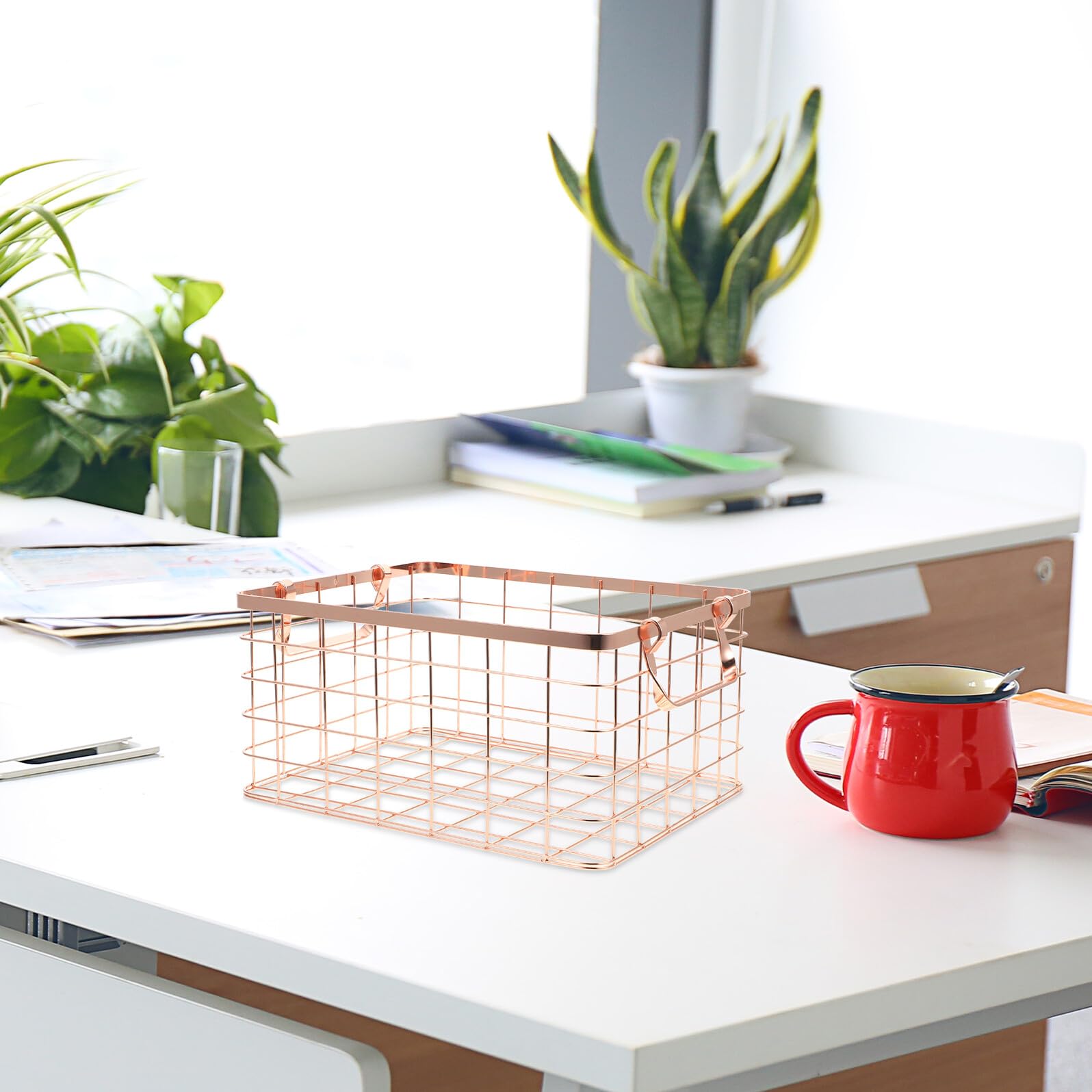 Cesta de Alambre de Hierro para Almacenaje Decorativa y Resistente Soporte para Frutas y Aperitivos Nórdico con Asa Capacidad para Oficina y Hogar