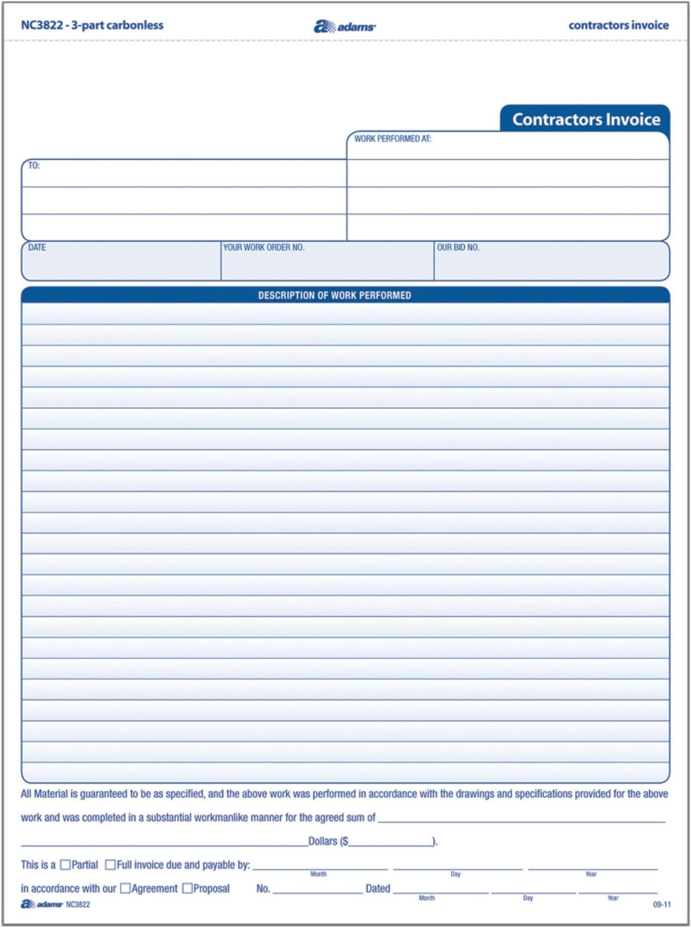 Adams Contractor Invoice Forms, 8.5 x 11.44 Inch, 3-Part, Carbonless, 100-Pack, White, Canary and Pink (NC3822)
