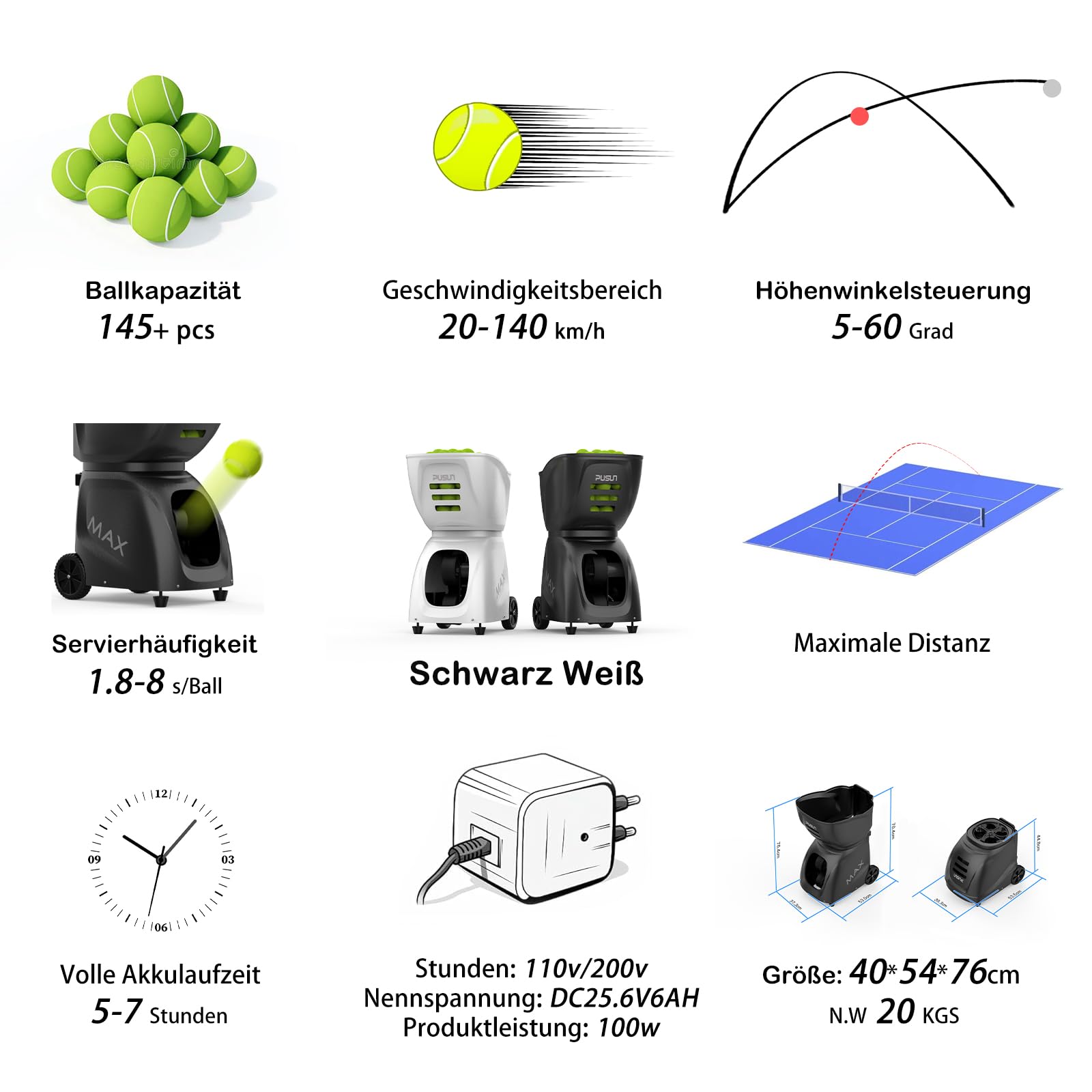 PUSUN PT-MAX C Tennisballmaschine - Profi Ballwerfer mit APP-Steuerung (App für Apple Watch), 28 Landepunkte & 26 Modi, Smart Trainer für alle Spielniveaus mit variablem System (5-7 Std.)