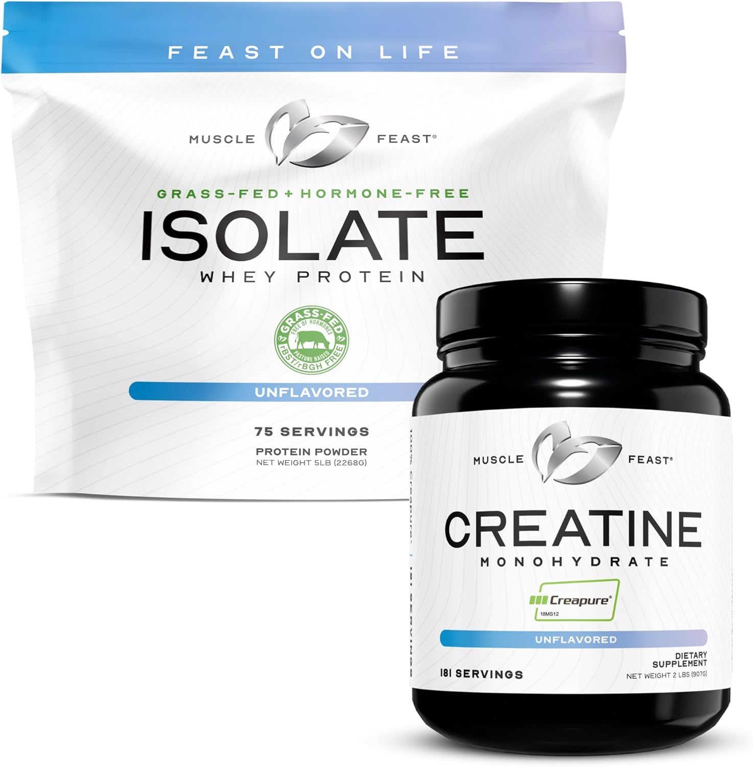 Muscle Feast Creapure Creatine Monohydrate - Unflavored 2lb (x1) and Isolate Whey Protein Powder - Unflavored 5lb (x1) - Muscle Recovery and Performance Bundle