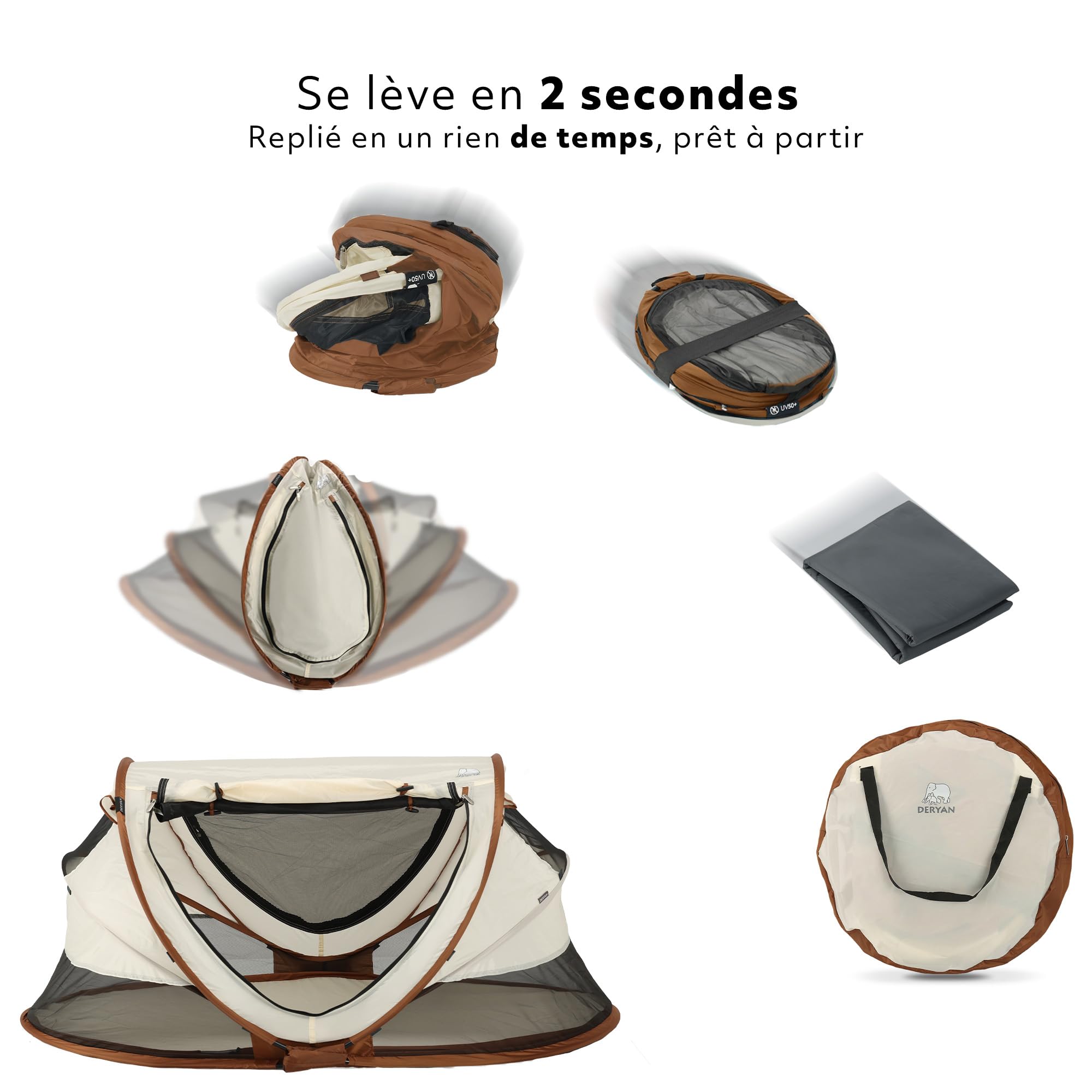 Deryan Lit de Voyage pour Petits Enfants avec Matelas, Lit bébé de la Naissance Jusqu’à 4,5 Ans, Pop Up Tente pour Bébé Montée en 2 Secondes, Moustiquaire & Sac de Voyage Inclus, Facile à Plier, Sable