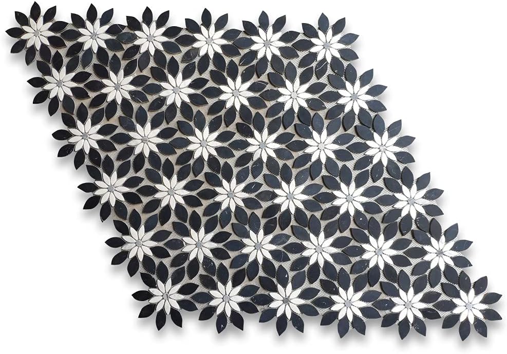 Nero Marquina Black Marble Wildflower Rain Flower Waterjet Mosaic Tile w/Carrara White & Bardiglio Gray Polished Kitchen Bath Wall Floor Backsplash Shower (1 Sheet)