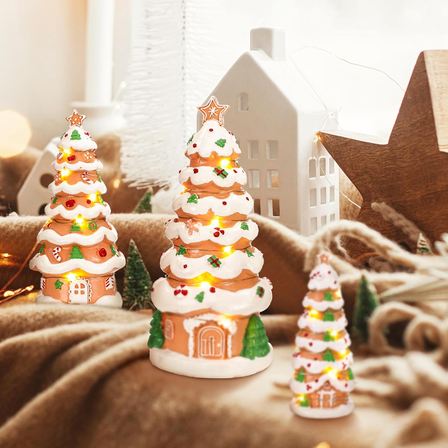 Roowest 3pcs Gingerbread House Decor with Tree Theme Gingerbread Village House with LED Light 8, 6, 4inch Christmas Tree Decor Tabletop Figure for Indoor Festive Holiday or Party