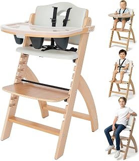 Abiie Beyond Junior Wooden High Chair: 3-in-1 Convertible for Babies to 250 lbs, Easy Clean Tray, Natural Wood
