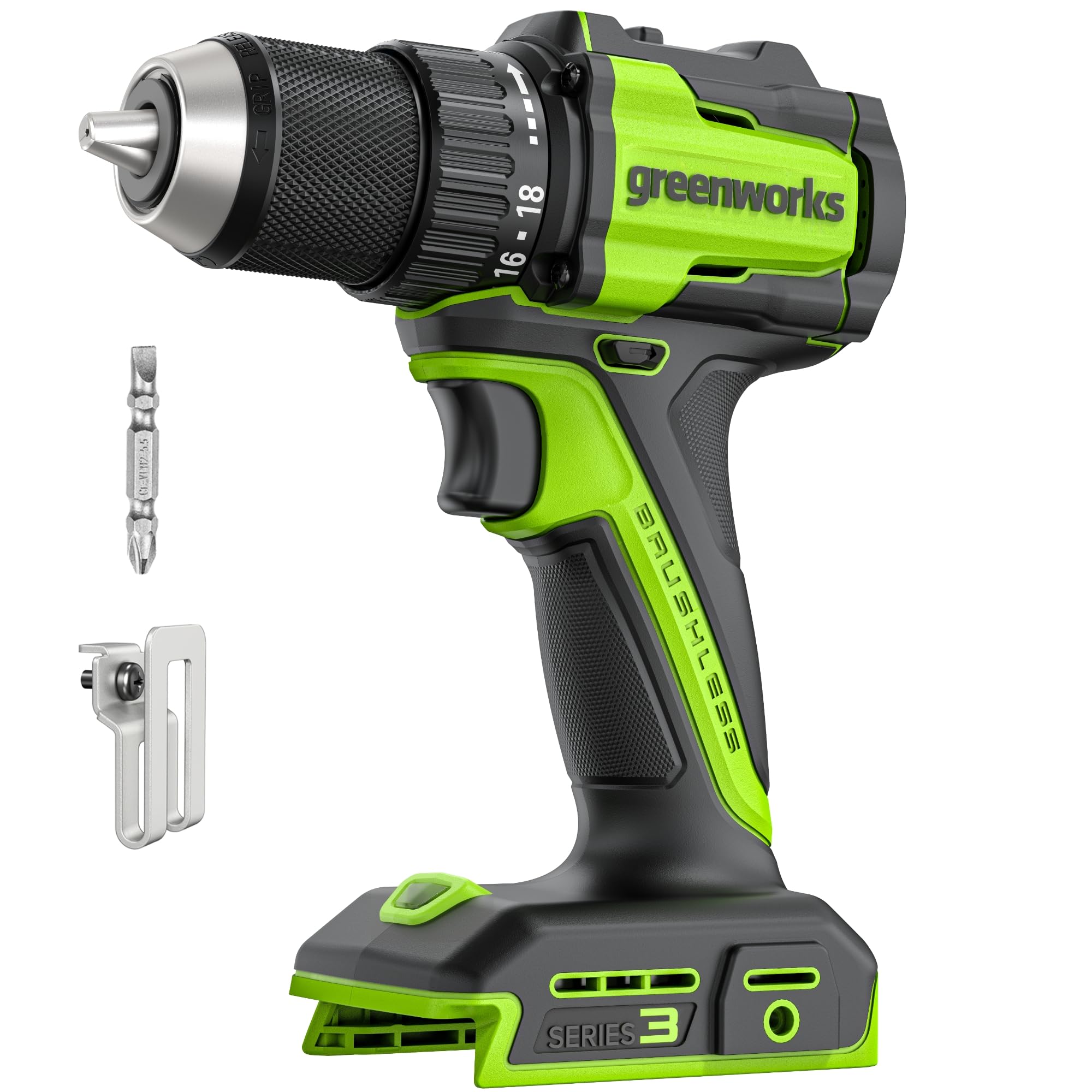 Greenworks 24V Cordless Brushless 45Nm Trapani a percussione, leggero, luce di lavoro a LED, frizione 18 + 1 senza USB-C batteria e caricabatteria