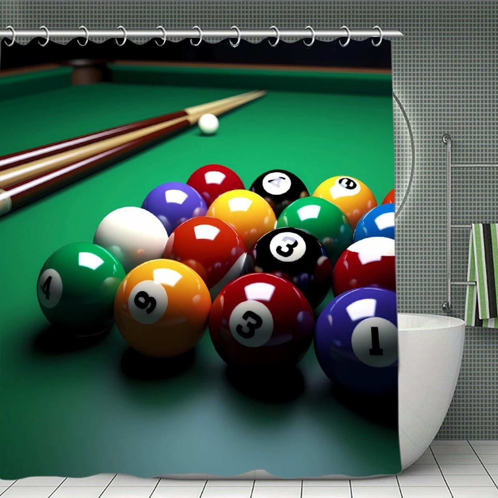 QMNLKH Billiards Shower Curtain with Hooks, Waterproof Bath Curtains for Bathroom, Lightweight Bath Curtains Liner for Hotel, Personalized Bath Curtain for Spa, 70.8 Inch
