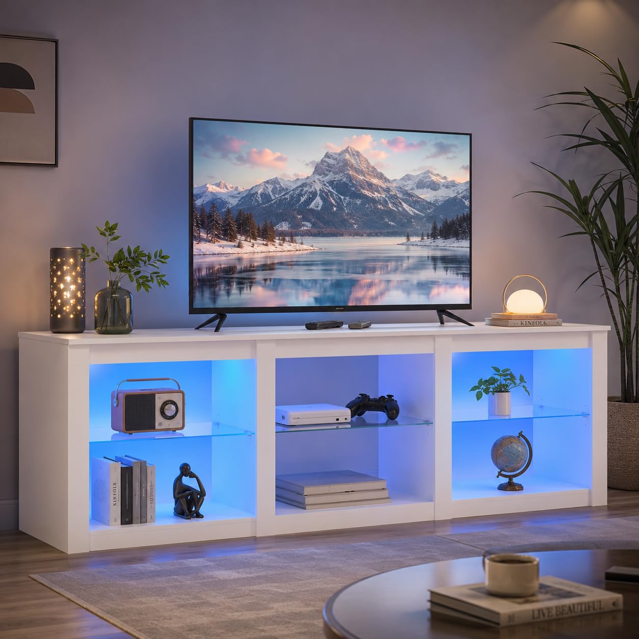 WLIVE Meuble TV LED 166 cm, Buffet Bas avec Éclairage LED 22 Modes et Étagères Ouvertes, Banc TV pour Téléviseurs jusqu'à 75 Pouces, Support TV avec Tablettes en Verre Réglables pour Salon, Blanc