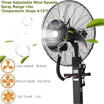 Outdoor Misting Fan 3 Speeds Pedestal Spray Fan Heavy Duty Mist Fan with 11 Gal Water Tank Oscillating Cooling Fan for Patios Camping Jobsite 26in/30in(650mm/26in)