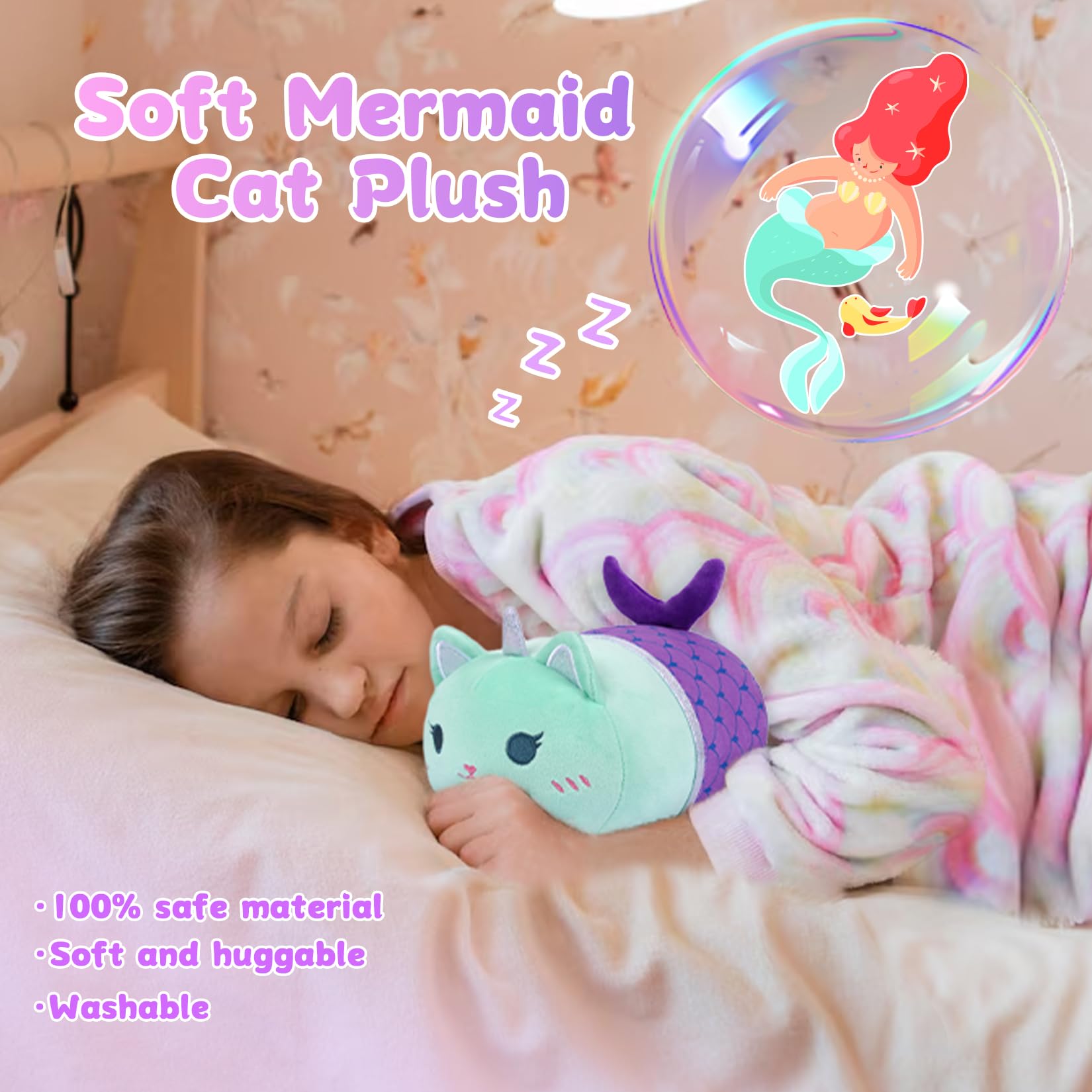 KOPHINYE Mermaid Cat Stuffed Animal,8 inch Cute Cat Plush Mermaid Stuffed Animal Soft Cartoon Cat Plush Pillow, Kawaii Plush Toy for Kids Girls Boys Birthday - Image 2