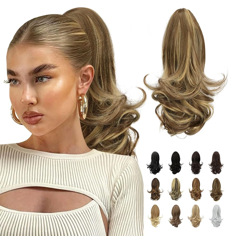 Sofeiyan 13 Ponytail Extension Long Curly Ponytail Clip in Claw Hair Extension Natural Synthetic Hairpiece for Women, Ash Brown Highlighted Bleach Blonde