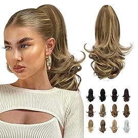 Sofeiyan 13 Ponytail Extension Long Curly Ponytail Clip in Claw Hair Extension Natural Synthetic Hairpiece for Women, Ash Brown Highlighted Bleach Blonde